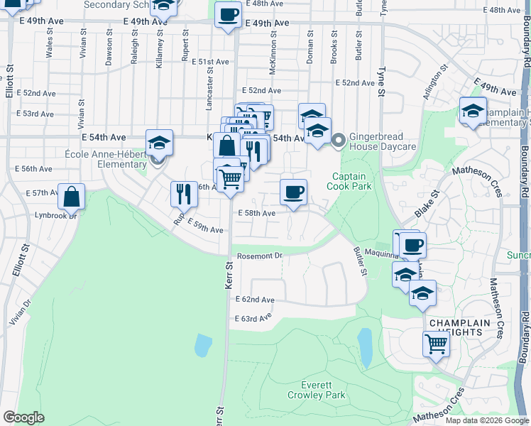 map of restaurants, bars, coffee shops, grocery stores, and more near 7338 Foxhound Mews in Vancouver