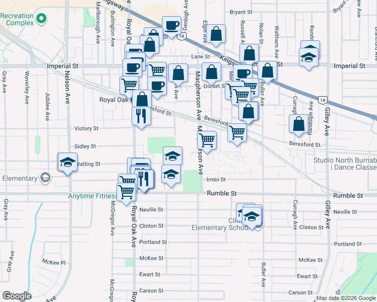 map of restaurants, bars, coffee shops, grocery stores, and more near 7337 Macpherson Avenue in Burnaby