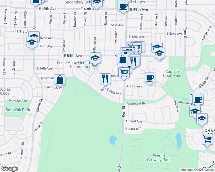 map of restaurants, bars, coffee shops, grocery stores, and more near 7350 Rupert Street in Vancouver