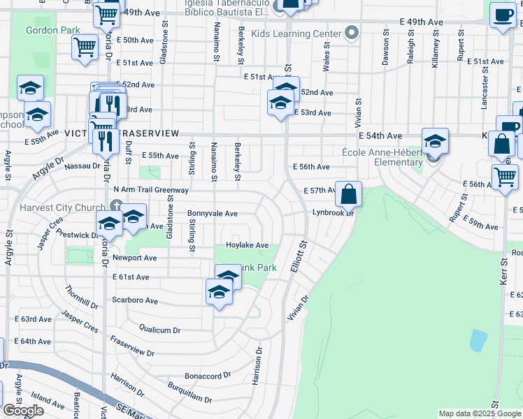 map of restaurants, bars, coffee shops, grocery stores, and more near 7380 Ashburn Street in Vancouver