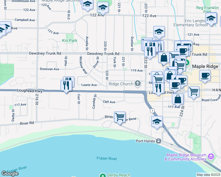 map of restaurants, bars, coffee shops, grocery stores, and more near 22023 Lougheed Highway in Maple Ridge