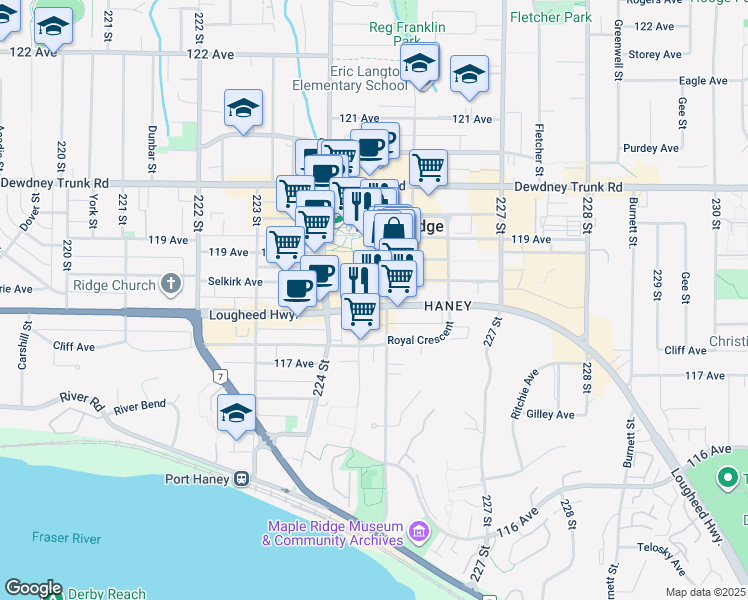map of restaurants, bars, coffee shops, grocery stores, and more near 22471 Lougheed Highway in Maple Ridge