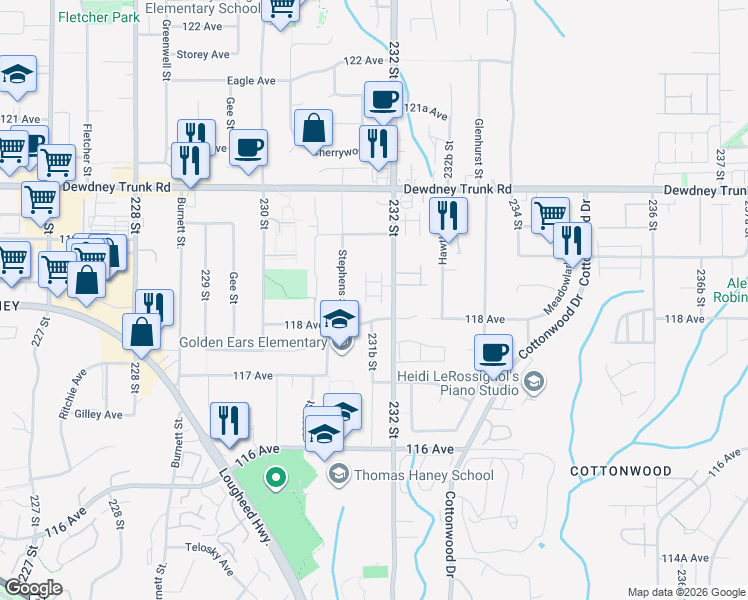 map of restaurants, bars, coffee shops, grocery stores, and more near 11865 232 Street in Maple Ridge