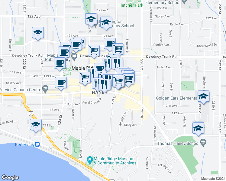 map of restaurants, bars, coffee shops, grocery stores, and more near 22661 Lougheed Highway in Maple Ridge