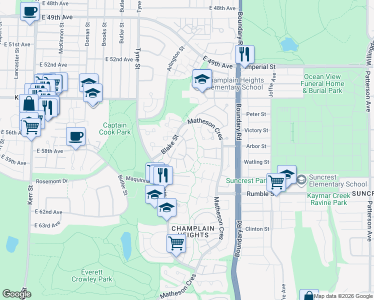 map of restaurants, bars, coffee shops, grocery stores, and more near 7363 Kokanee Place in Vancouver