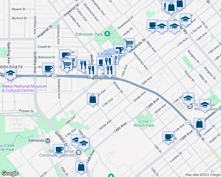 map of restaurants, bars, coffee shops, grocery stores, and more near 7250 18th Avenue in Burnaby