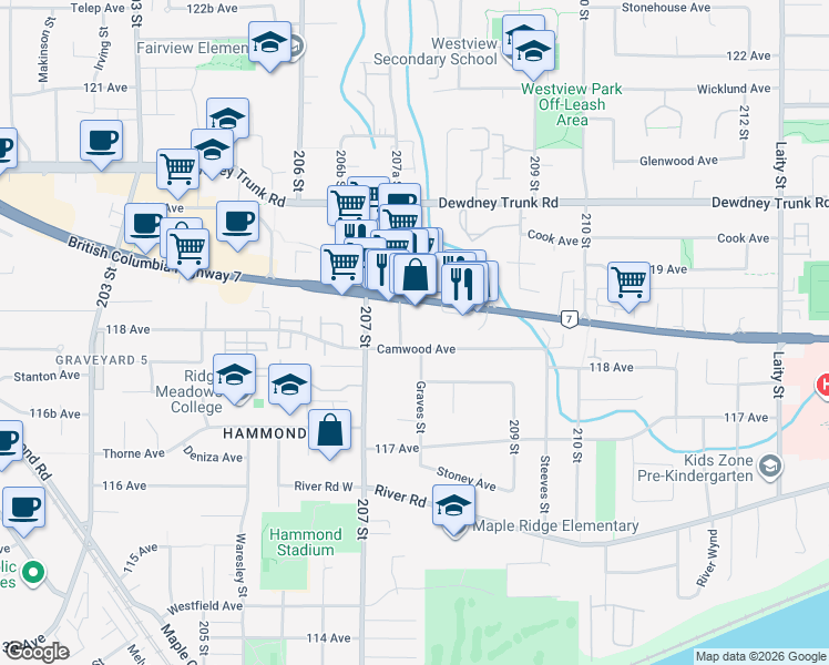 map of restaurants, bars, coffee shops, grocery stores, and more near 20758 British Columbia 7 in Maple Ridge