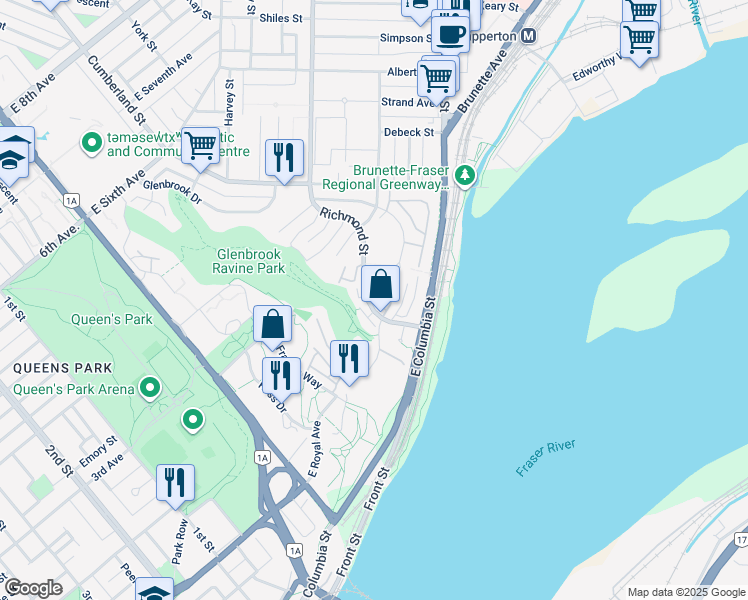 map of restaurants, bars, coffee shops, grocery stores, and more near 60 Richmond Street in New Westminster