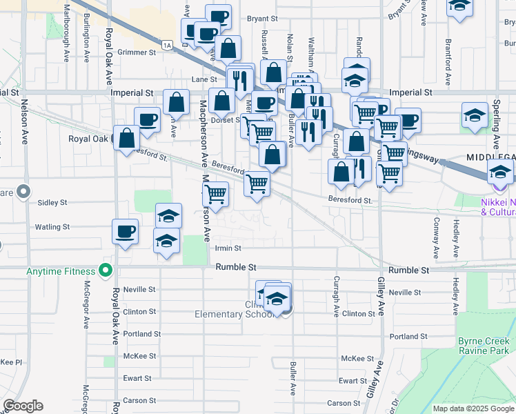 map of restaurants, bars, coffee shops, grocery stores, and more near 5791 Sidley Street in Burnaby