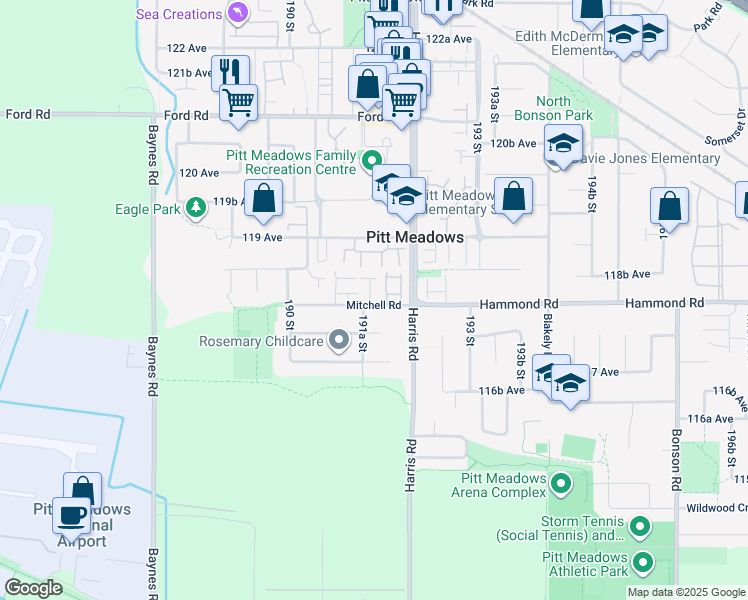 map of restaurants, bars, coffee shops, grocery stores, and more near 11804 191A Street in Pitt Meadows