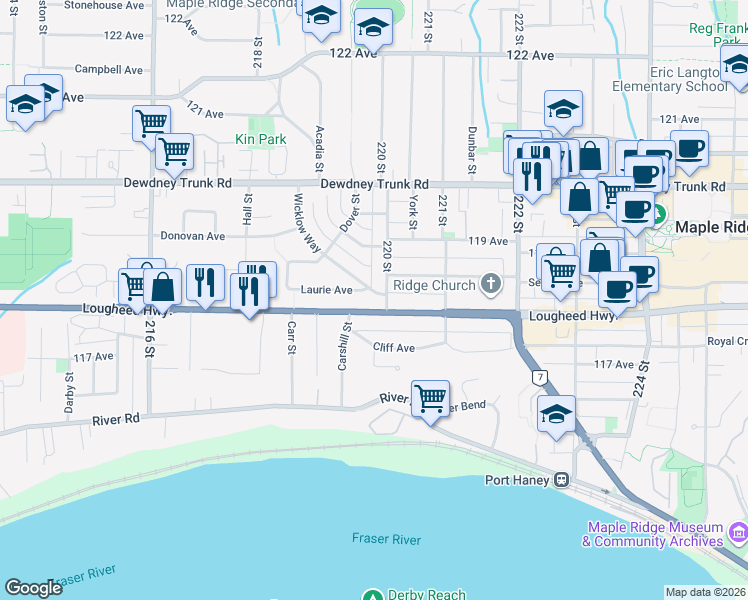 map of restaurants, bars, coffee shops, grocery stores, and more near 11859 220 Street in Maple Ridge
