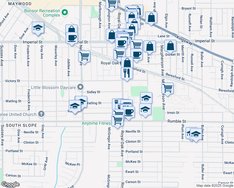 map of restaurants, bars, coffee shops, grocery stores, and more near 5168 Sidley Street in Burnaby