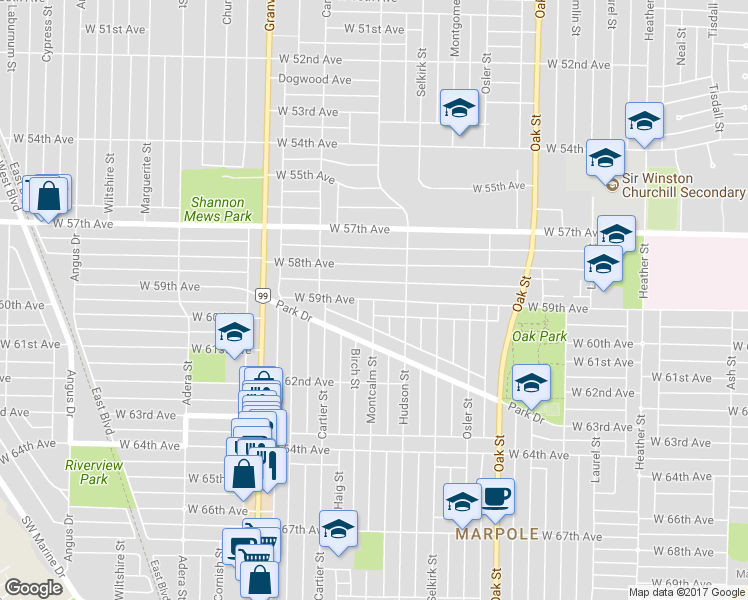 map of restaurants, bars, coffee shops, grocery stores, and more near West 59th Avenue in Vancouver
