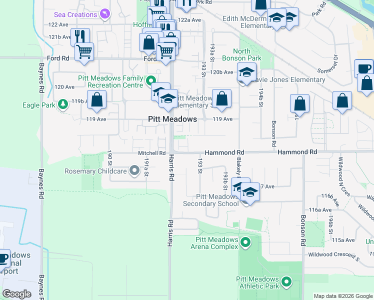 map of restaurants, bars, coffee shops, grocery stores, and more near 19240 119 Avenue in Pitt Meadows