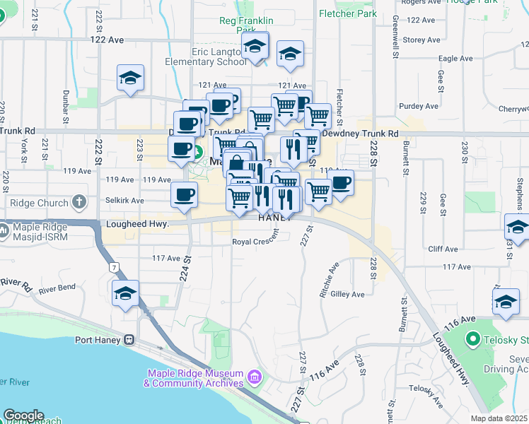 map of restaurants, bars, coffee shops, grocery stores, and more near in Maple Ridge