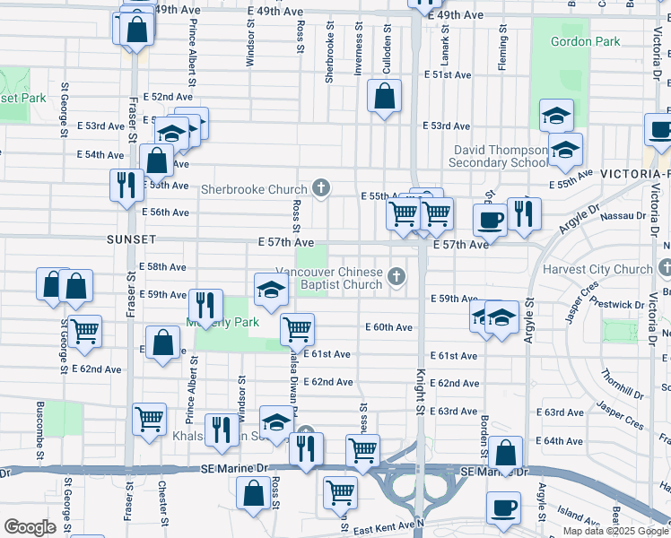 map of restaurants, bars, coffee shops, grocery stores, and more near 7396 Sherbrooke Street in Vancouver