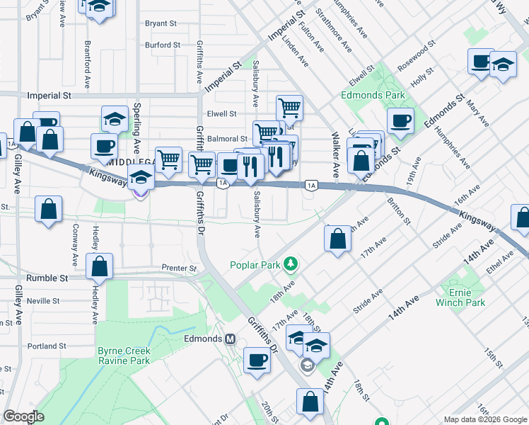 map of restaurants, bars, coffee shops, grocery stores, and more near 7272 Salisbury Avenue in Burnaby