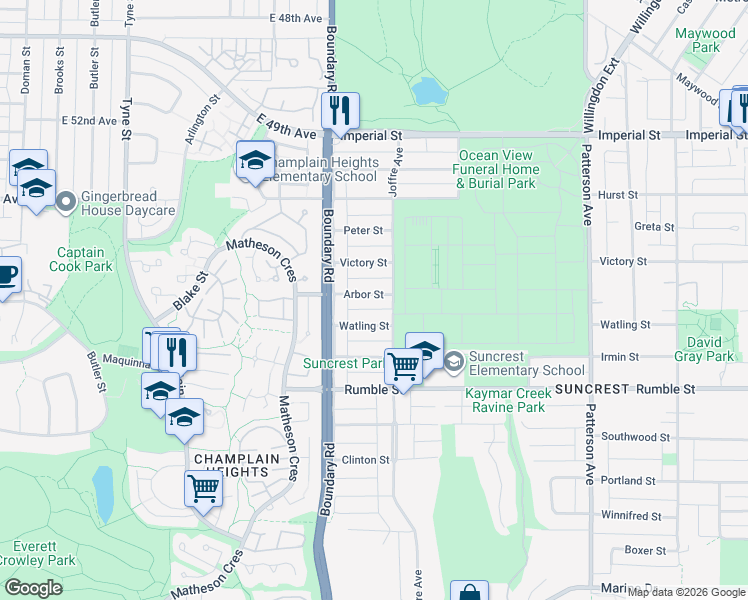 map of restaurants, bars, coffee shops, grocery stores, and more near 3796 Victory Street in Burnaby