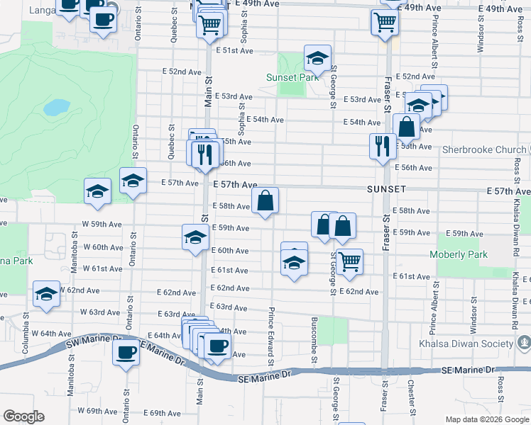 map of restaurants, bars, coffee shops, grocery stores, and more near 380 East 58th Avenue in Vancouver