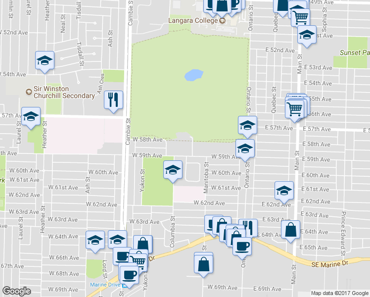 map of restaurants, bars, coffee shops, grocery stores, and more near 7401 Columbia Street in Vancouver