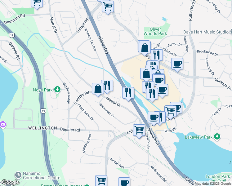 map of restaurants, bars, coffee shops, grocery stores, and more near 5260 Dublin Way in Nanaimo