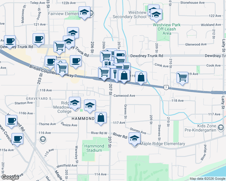 map of restaurants, bars, coffee shops, grocery stores, and more near in Maple Ridge