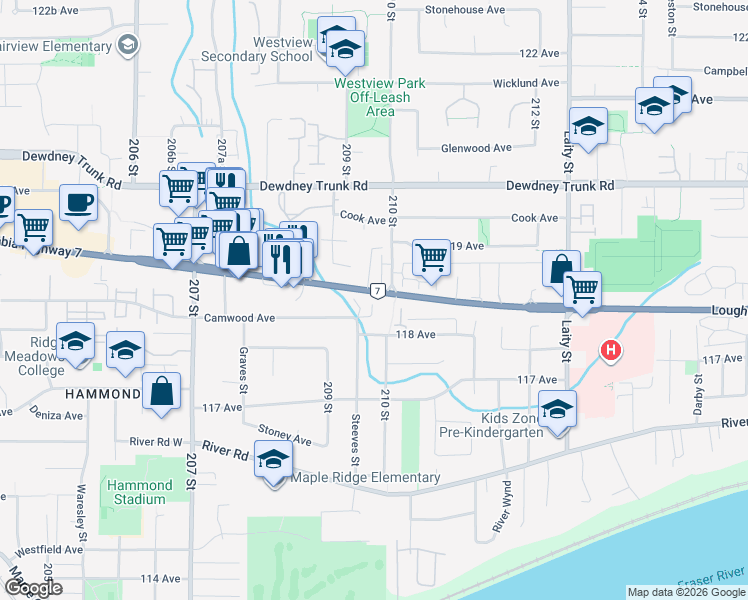 map of restaurants, bars, coffee shops, grocery stores, and more near 20985 Camwood Avenue in Maple Ridge