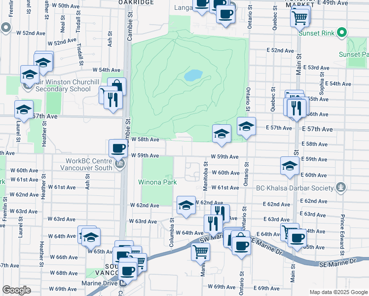 map of restaurants, bars, coffee shops, grocery stores, and more near 7401 Columbia Street in Vancouver