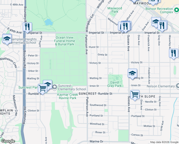 map of restaurants, bars, coffee shops, grocery stores, and more near 7326 Patterson Avenue in Burnaby