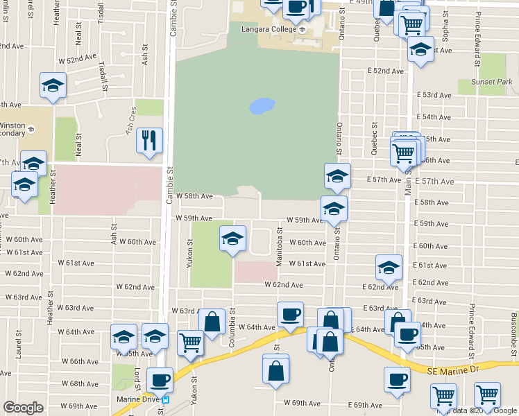 map of restaurants, bars, coffee shops, grocery stores, and more near 7425 Columbia Street in Vancouver