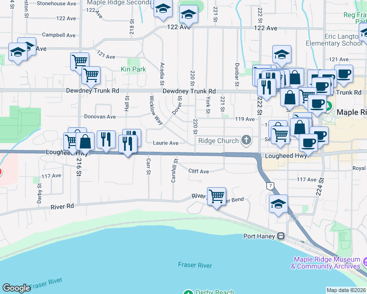 map of restaurants, bars, coffee shops, grocery stores, and more near 11859 220 Street in Maple Ridge