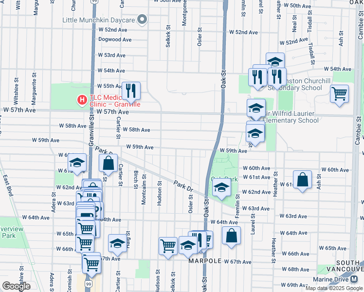 map of restaurants, bars, coffee shops, grocery stores, and more near 1199 West 59th Avenue in Vancouver