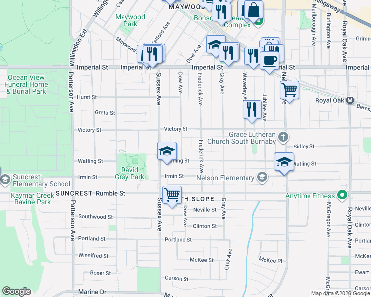 map of restaurants, bars, coffee shops, grocery stores, and more near 7320 Dow Avenue in Burnaby