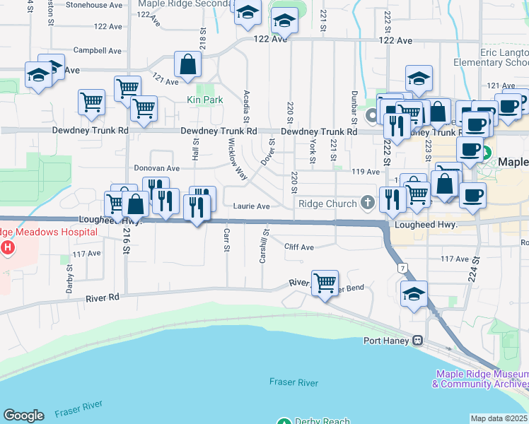 map of restaurants, bars, coffee shops, grocery stores, and more near 21908 Laurie Avenue in Maple Ridge