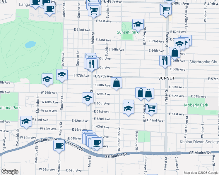map of restaurants, bars, coffee shops, grocery stores, and more near 326 East 58th Avenue in Vancouver