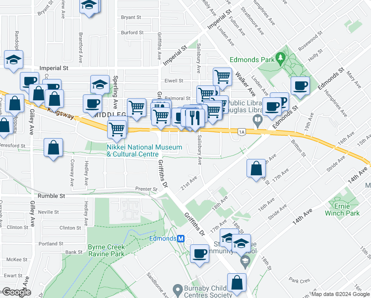 map of restaurants, bars, coffee shops, grocery stores, and more near 7077 Beresford Street in Burnaby
