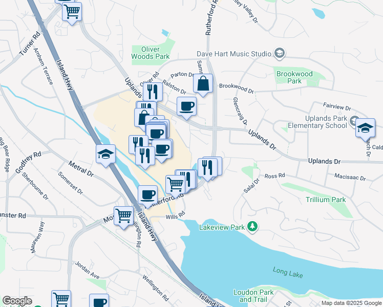 map of restaurants, bars, coffee shops, grocery stores, and more near 4961 Songbird Place in Nanaimo