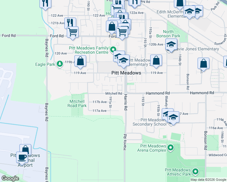 map of restaurants, bars, coffee shops, grocery stores, and more near 11812 191A Street in Pitt Meadows