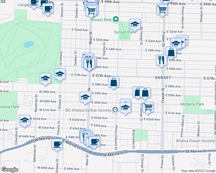 map of restaurants, bars, coffee shops, grocery stores, and more near 336 East 58th Avenue in Vancouver