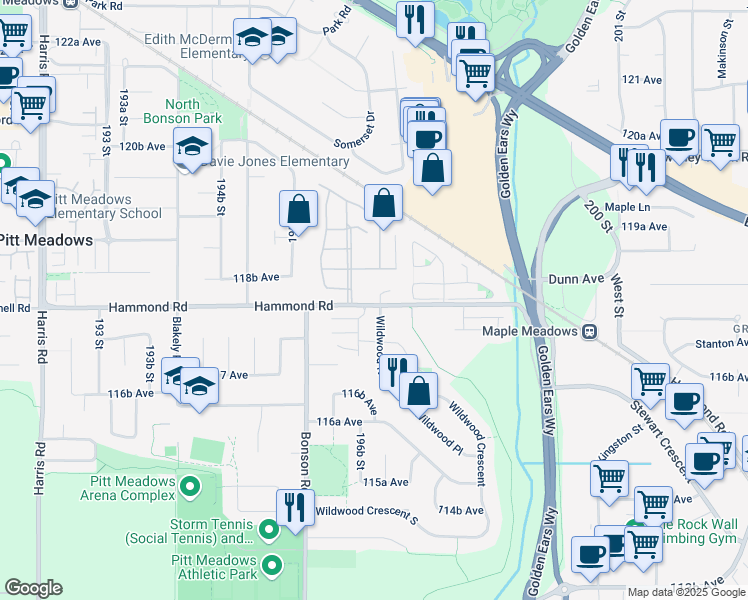 map of restaurants, bars, coffee shops, grocery stores, and more near 11807 Greenhaven Court in Pitt Meadows