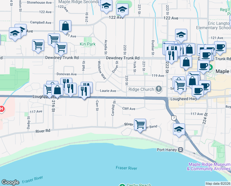 map of restaurants, bars, coffee shops, grocery stores, and more near in Maple Ridge