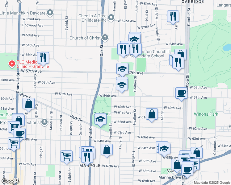 map of restaurants, bars, coffee shops, grocery stores, and more near Rosebury Lane in Vancouver