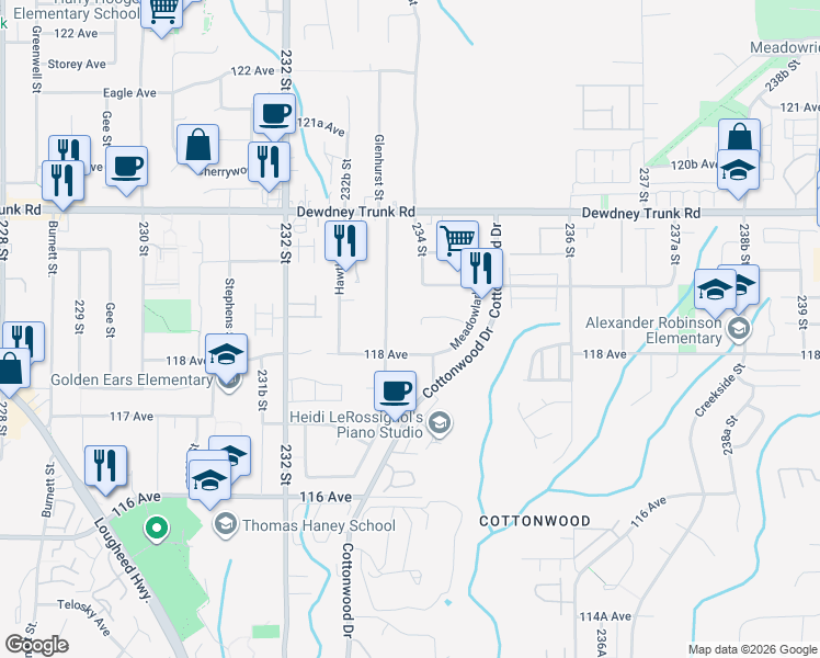 map of restaurants, bars, coffee shops, grocery stores, and more near 23397 Whippoorwill Avenue in Maple Ridge