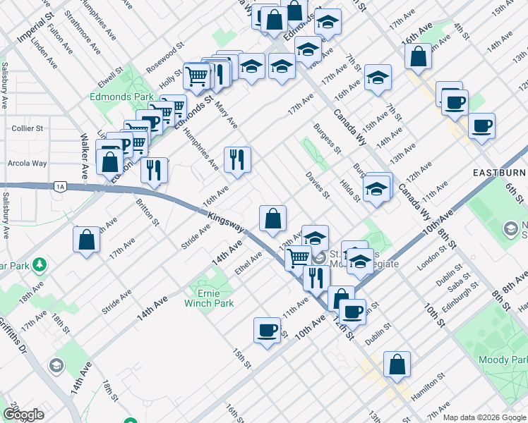 map of restaurants, bars, coffee shops, grocery stores, and more near 7447 14th Avenue in Burnaby