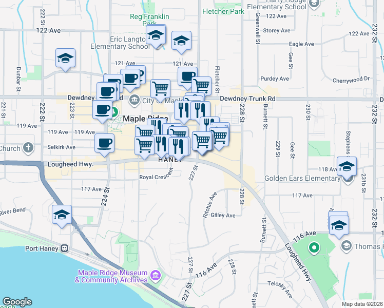 map of restaurants, bars, coffee shops, grocery stores, and more near in Maple Ridge