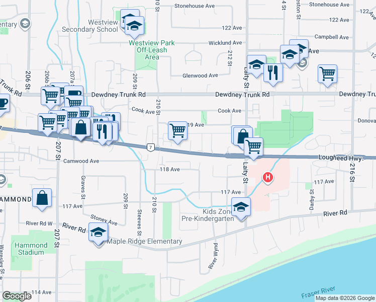 map of restaurants, bars, coffee shops, grocery stores, and more near 21079 Lougheed Highway in Maple Ridge