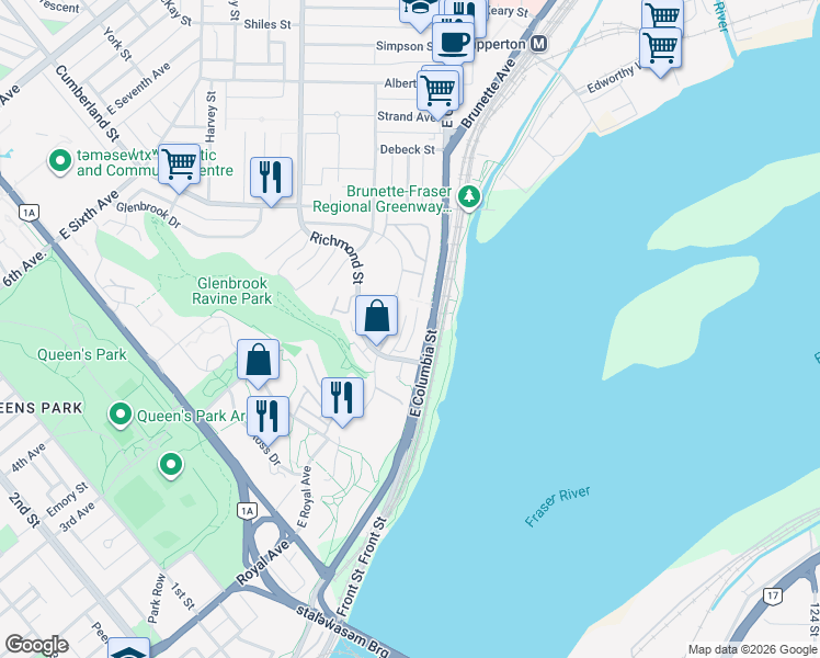 map of restaurants, bars, coffee shops, grocery stores, and more near 28 Richmond Street in New Westminster