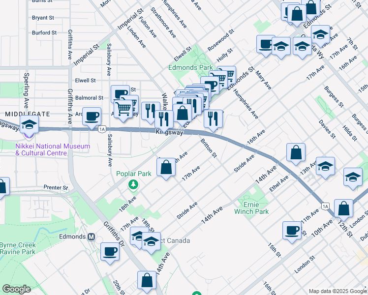 map of restaurants, bars, coffee shops, grocery stores, and more near 7325 Britton Street in Burnaby