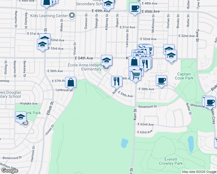 map of restaurants, bars, coffee shops, grocery stores, and more near in Vancouver