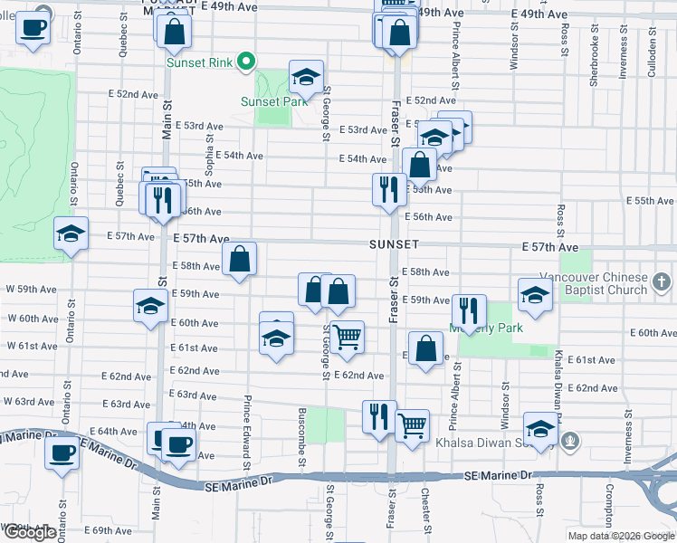 map of restaurants, bars, coffee shops, grocery stores, and more near in Vancouver